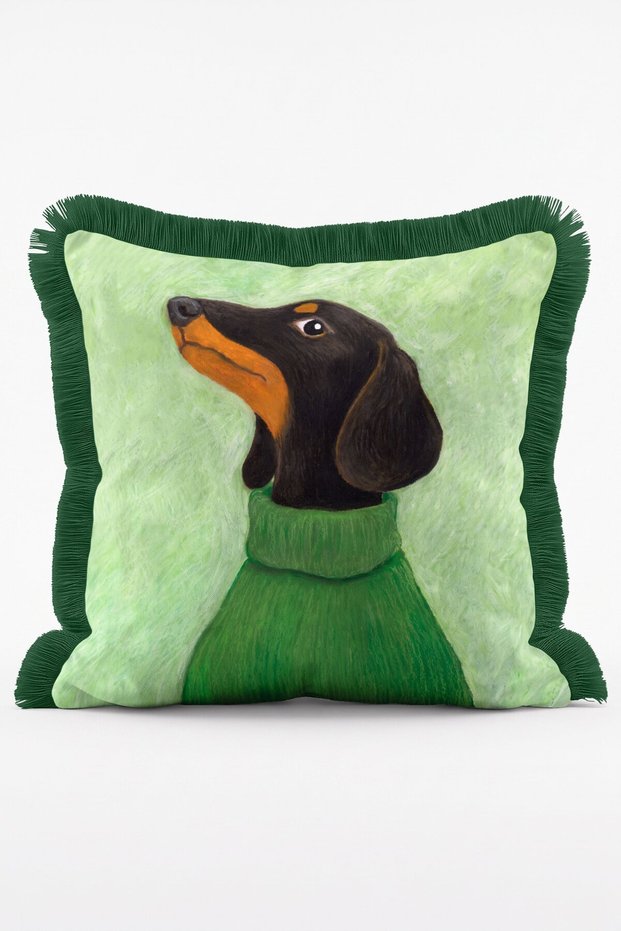 Tasseled Throw Pillow Cover with Dachshund Sausage Dog Figure in Green Sweater