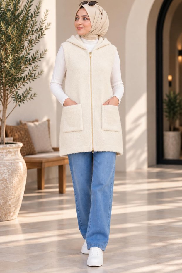 Angora Fabric Soft Knitwear Hooded Zipper Detailed Vest
