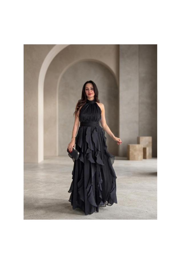 Evening Dress Women's Navy Blue Flounced Halter Neck Pleated Long Dress 8 Color Options