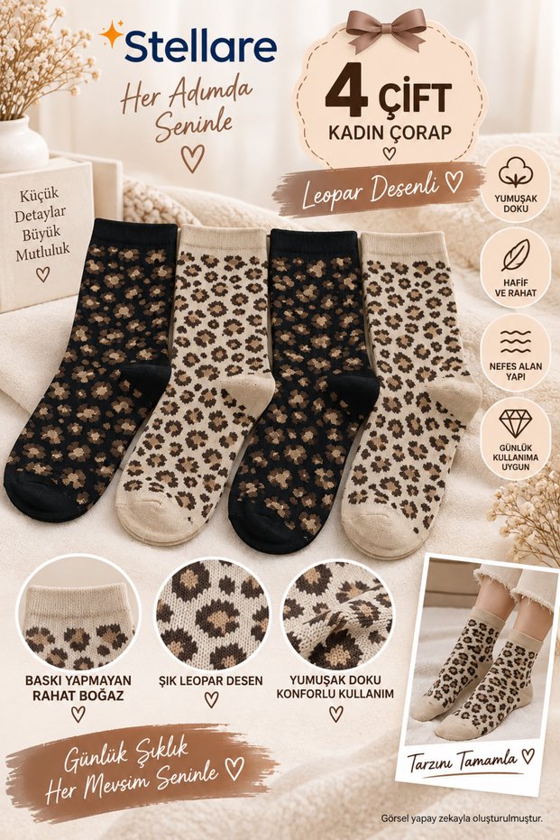 Pack of 4 Leopard Socks Black and Beige Patterned Cotton Half Socks