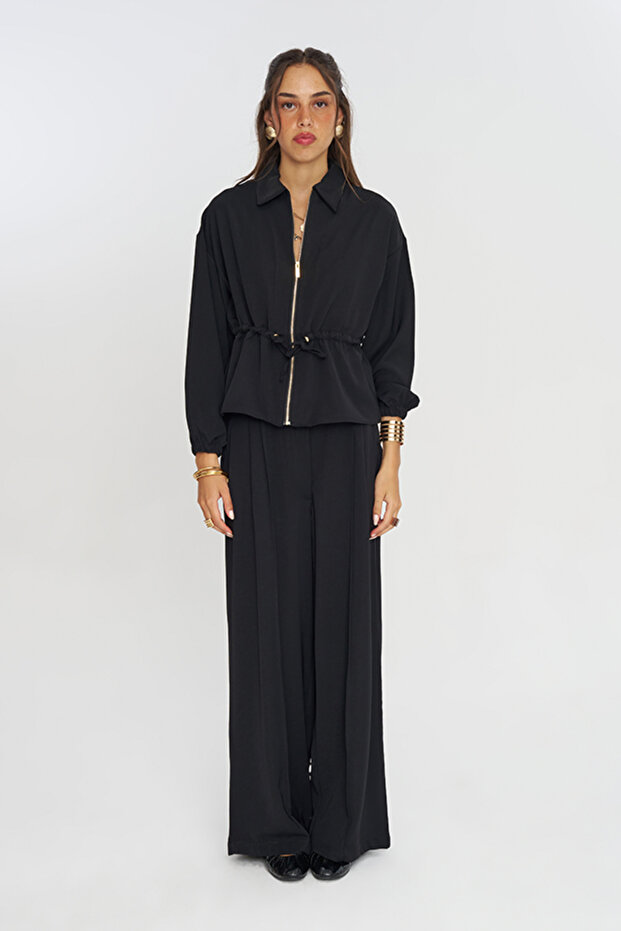 Women's Zippered, Laced Waist, Flowy Solid Color Jacket