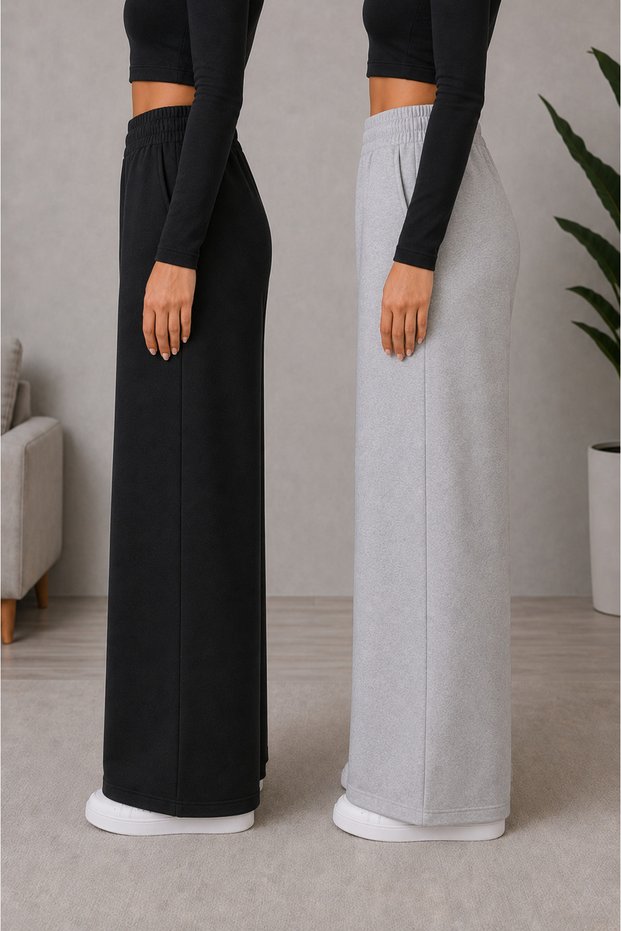 Double Black Gray Women's Wide Leg Sweatpants with Pockets