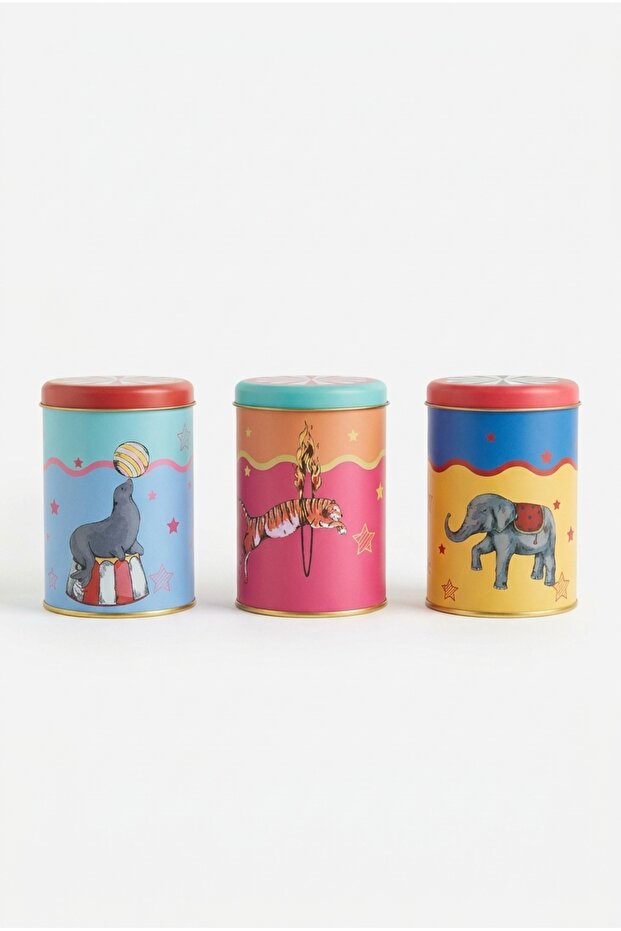 3 Pieces Round Metal Decorative Box 9 cm X 14 cm / Carnival Nights