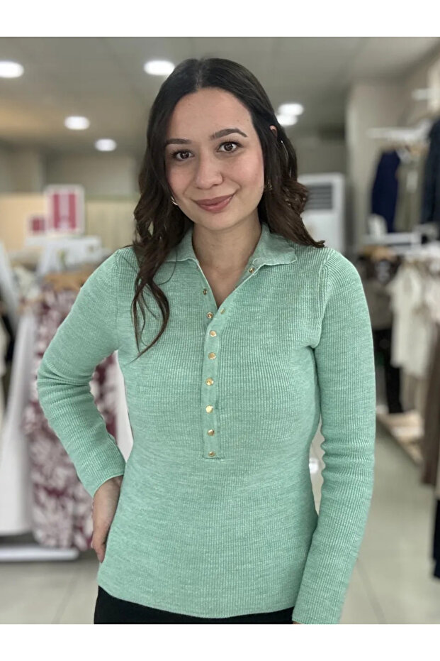 Mint Green Long Sleeve Snap Fastener Knitwear - 251172