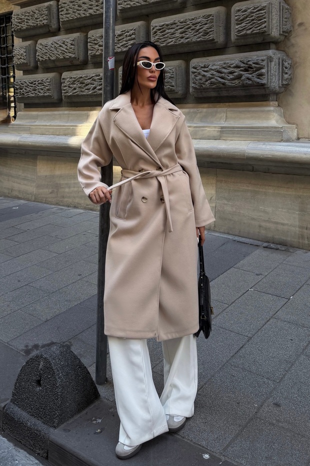Women's Beige Double-Breasted Collar Wool Textured Belted Oversize Cashmere Coat