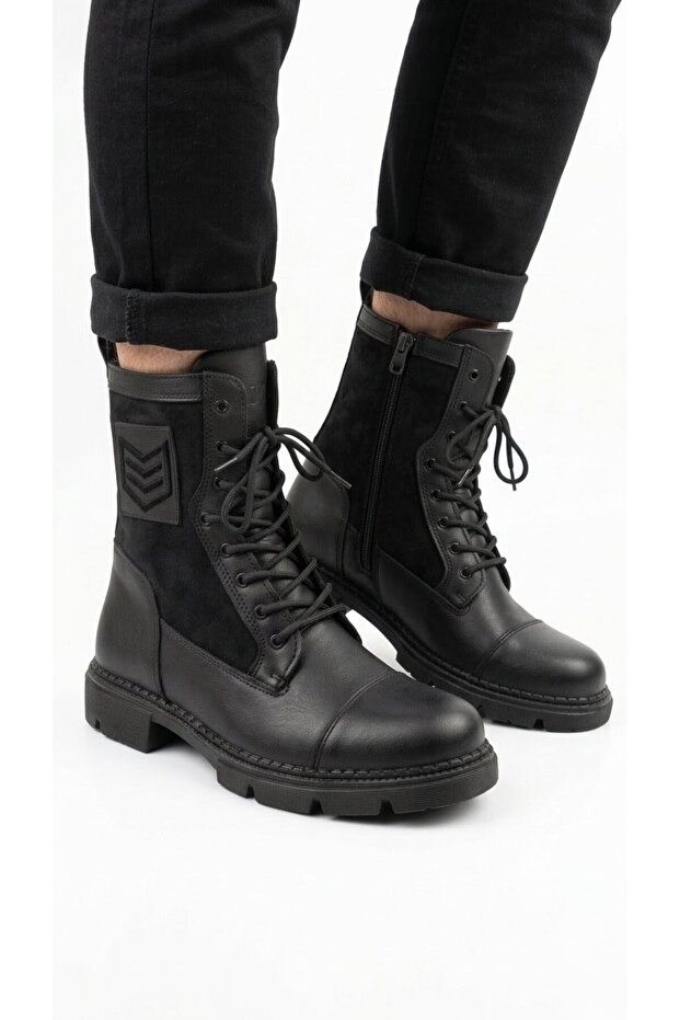 Men's Black Faux Leather Military Boots Zippered Lace-Up Non-Slip Sole Boots 638