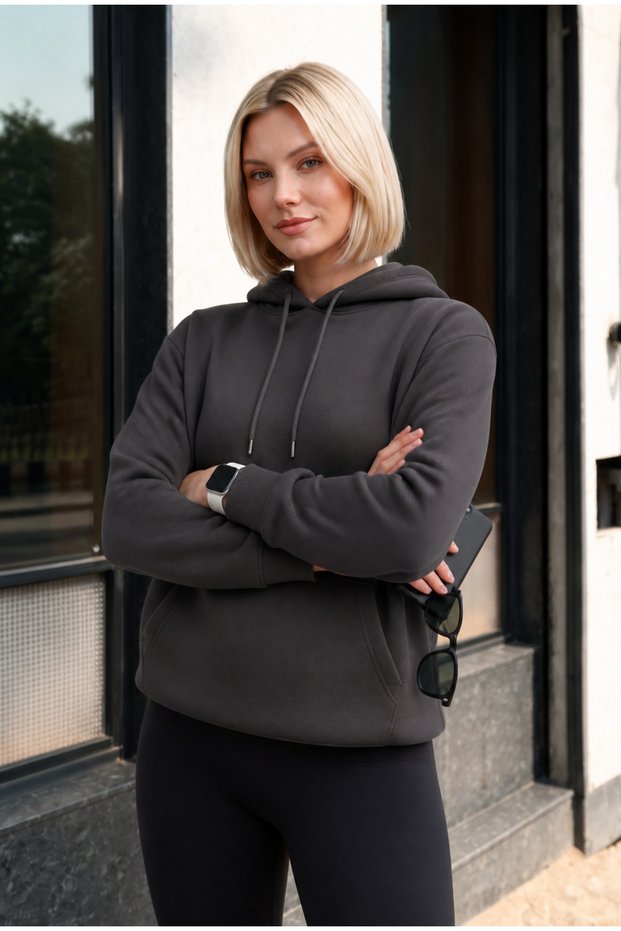 Women's Basic Hooded 3 Thread Regular Fit Smoked Sweatshirt with Kangaroo Pocket
