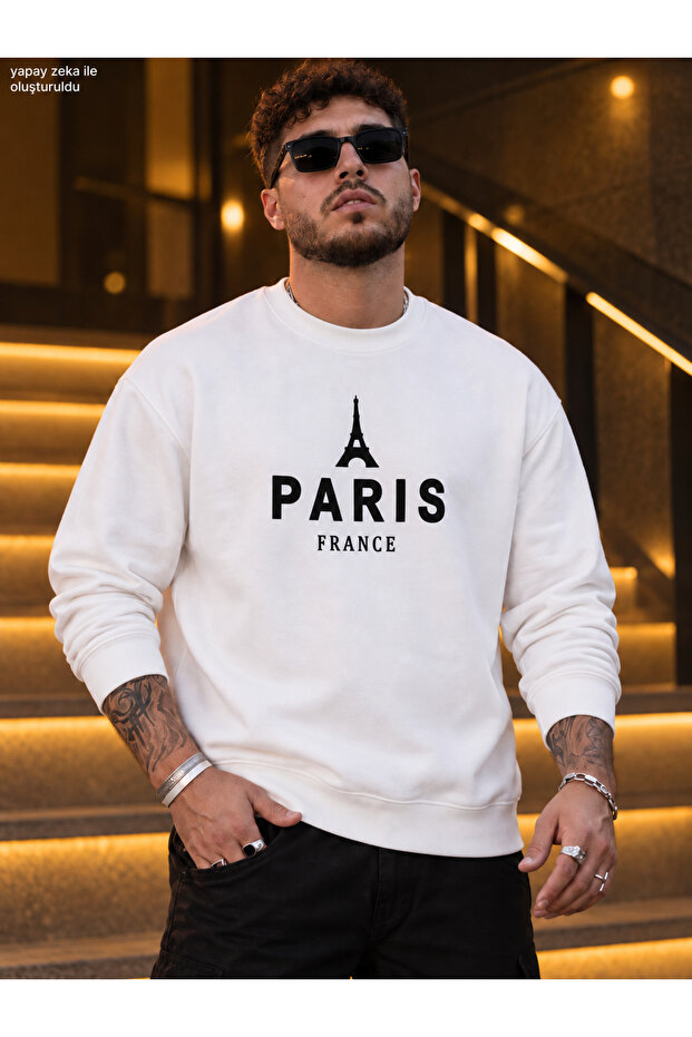 Men's Eiffel Tower Illustration and Paris France Printed Crew Neck Casual Regular Fit Sweatshirt