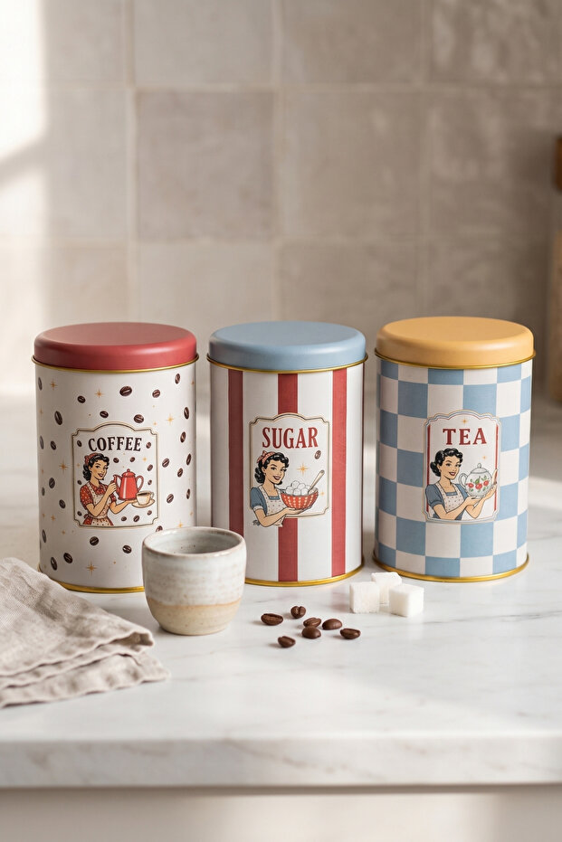 3 Piece Round Metal Decorative Box 9 cm X 14 cm / Retro American