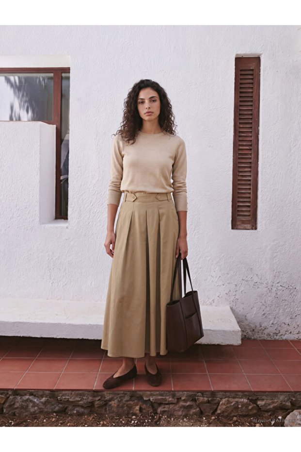 Rmz Gi̇yi̇m Farkiyla Waist Drawstring Gabardine Flared Skirt