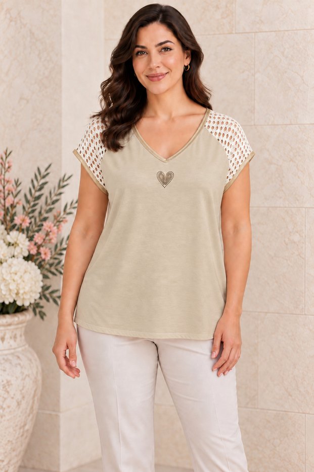 Women's Italian Lace Back Heart Front Satin Short Sleeve Blouse 38-44