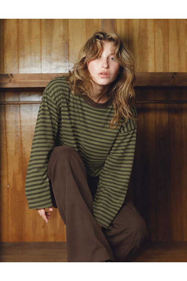 Women's Khaki Brown Striped Oversize Crew Neck Long Sleeve Sweatshirt