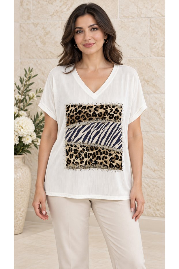 Women's Crinkle Fabric Leopard Patterned Stoned Short Sleeve Blouse 38-44