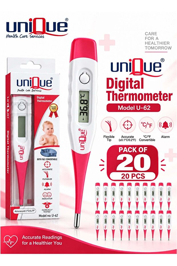 Pack of 20 U-62 Flexible Tip Digital Body Thermometers with LCD Temperature Displays, Celsius and Fahrenheit Conversion, Audible Beeps, Single-Button On and Off Control and 20 Clear Prot