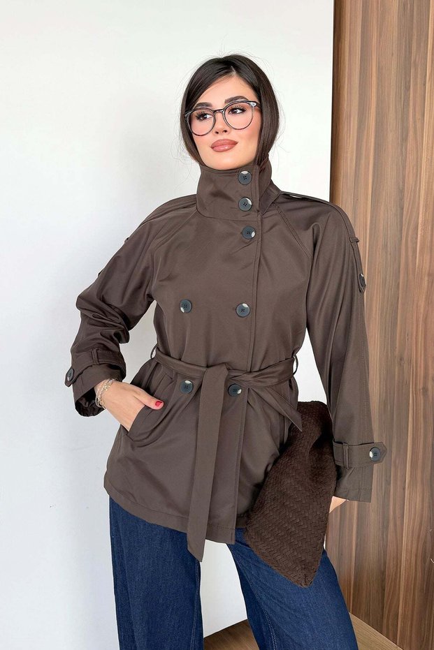 Women's Stand Collar Belted Double Pocket Trench Coat Brown - 27K 5980