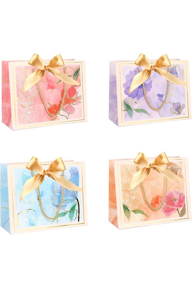 4pcs Floral Gift Bags with Ribbon and Handles,Medium Paper Bags for Birthdays and Weddings,23x18x10 cm