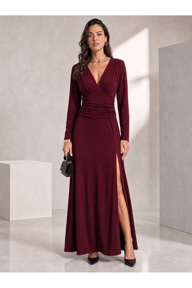 Women's Deep Slit Sweetheart Neckline Long Sleeve Janjan Crepe Evening Dress and Event Dress