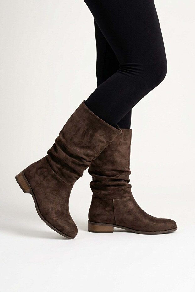 Women's Samo Brown Suede Flat Sole Drawstring Mid-Size Pull-On Boots