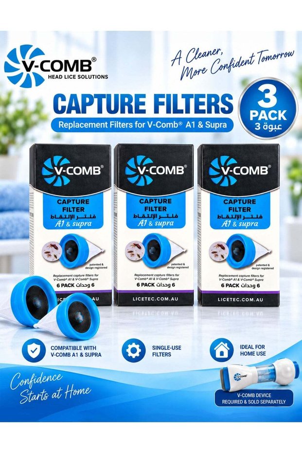 V-Comb Pack of 3 V-Comb Capture Filter A1 & Supra 6 Pack Each, Total 18 Single-Use Replacement Capture Filters for V-Comb Head Lice Comb, Designed to Collect Head Lice and Eggs Removed from Hair, Hygi