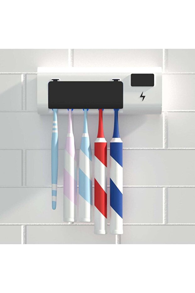Wall Mounted Toothbrush Holder with Toothpaste Dispenser,5 Slots,UV Sanitizer Function,Rechargeable Battery,White
