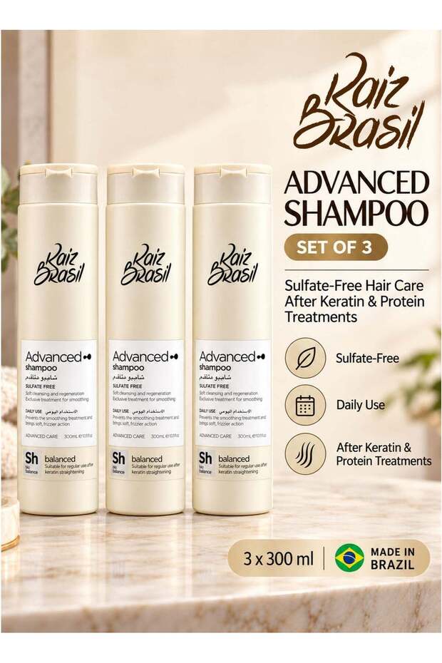Pack of 3 – Raiz Brasil Advanced Sulfate-Free Shampoo for Daily Hair Care After Keratin, Protein and Hair Botox Treatments, with Macadamia Seed Oil and Glycerin, Gentle Rinse-Off Cleansing for Clean a