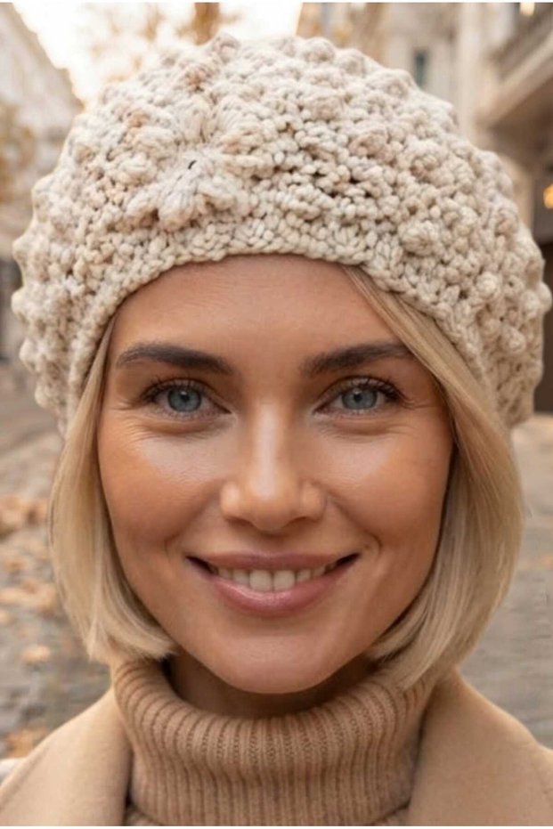 Women's Floral Motif Embossed Knitted Knitwear Winter Beanie