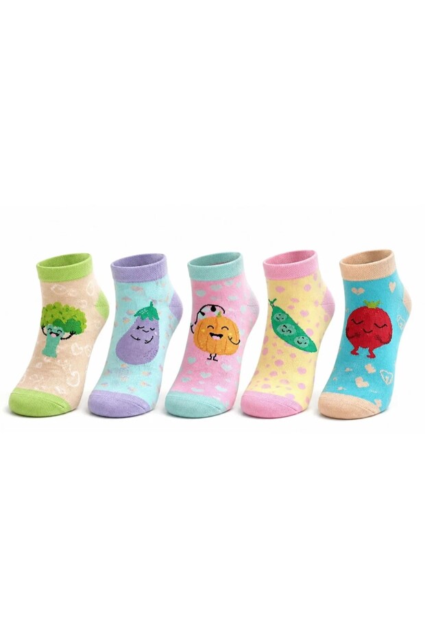Set of 5 Vegetable Patterned Children's Socks with High Cotton Content, Comfortable Toe, Non-Tight Elastic