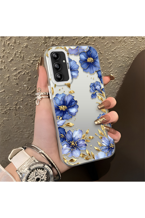 Samsung Galaxy A14 4G/5G Compatible Elegant Flower Case, Blue Flower Golden Branch Creative Flat Print