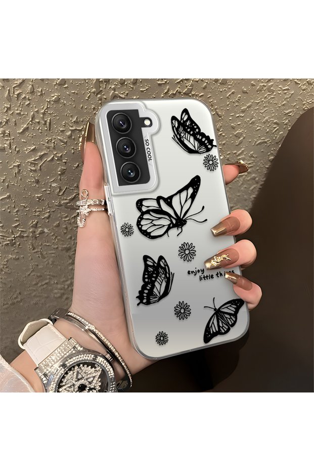 Samsung Galaxy S22 Compatible Plain Feel Case, Line Butterfly Daisy English Slogan Pattern