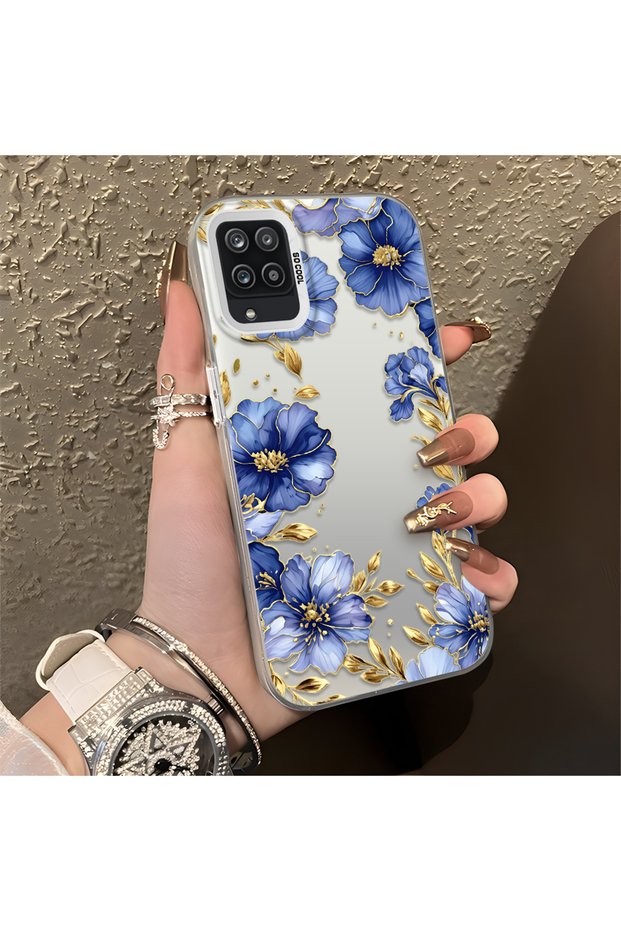 Samsung Galaxy A12/M12 Compatible Elegant Flower Case, Blue Flower Golden Branch Creative Flat Print