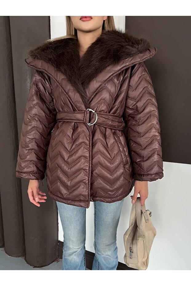 Belted Fur Lined Shawl Collar Puffer Quilted Coat