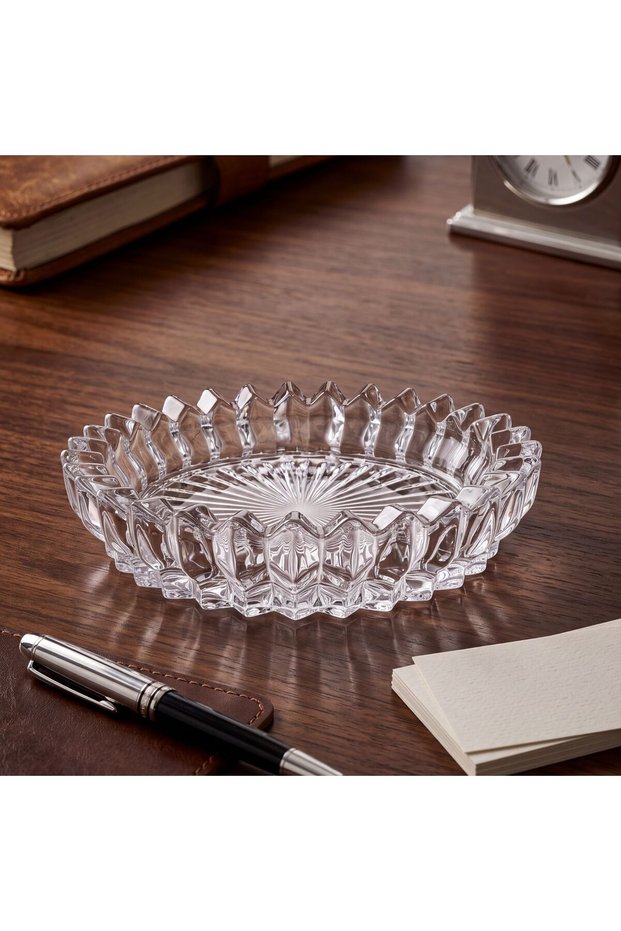 Crystal Cut Glass Ashtray, Decorative Presentation Tray and Stylish Snack Bowl, Round Tabletop Accessory