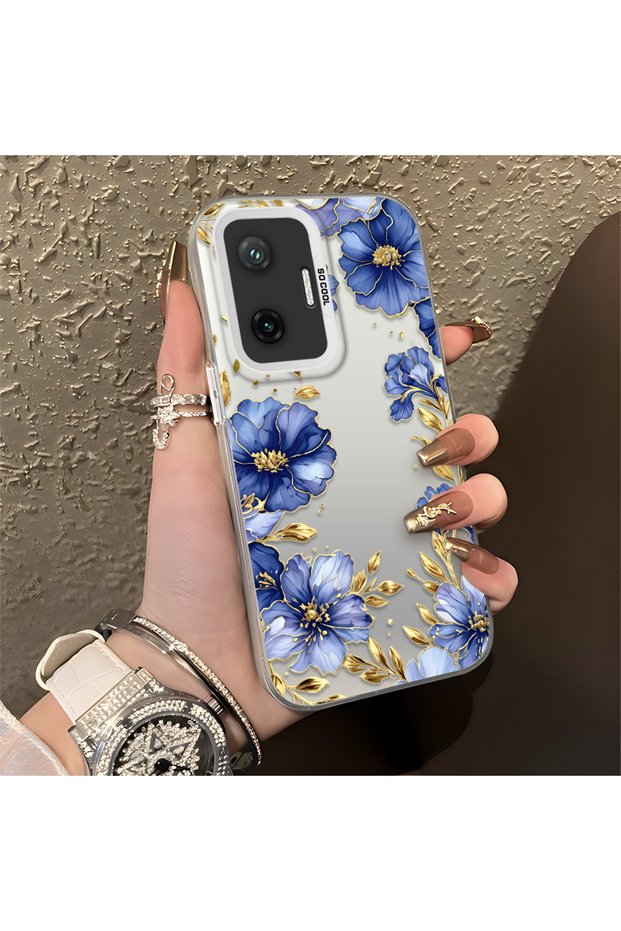 Poco F7 Compatible Elegant Flower Case, Blue Flower Golden Branch Creative Flat Printing
