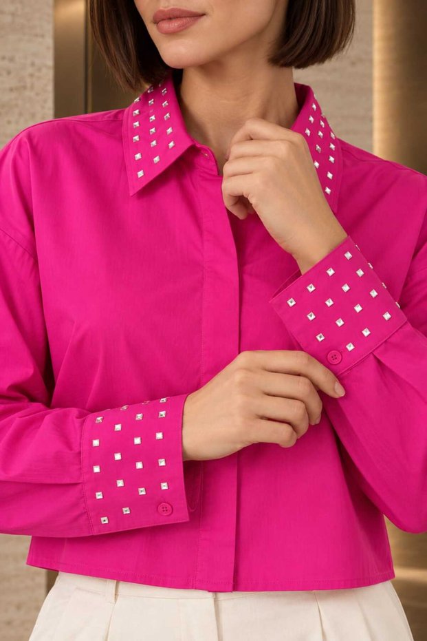 Women's 100% Cotton Poplin Crop Shirt with Geometric Stone Detail on Collar and Sleeve Cuffs