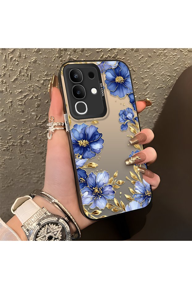 Vivo Y29 4g Compatible Elegant Flower Case, Blue Flower Golden Branch Creative Flat Printing