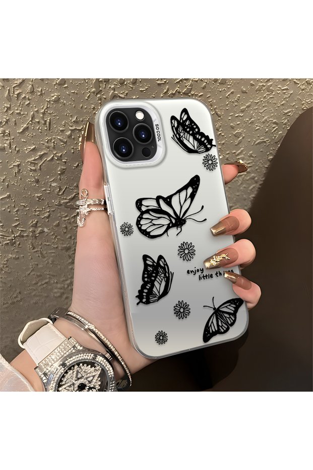 iPhone 13 Pro Max Compatible Plain Feel Case, Line Butterfly Daisy English Slogan Pattern