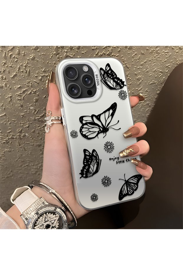 iPhone 16 Pro Compatible Simple Feel Case, Line Butterfly Daisy English Slogan Pattern