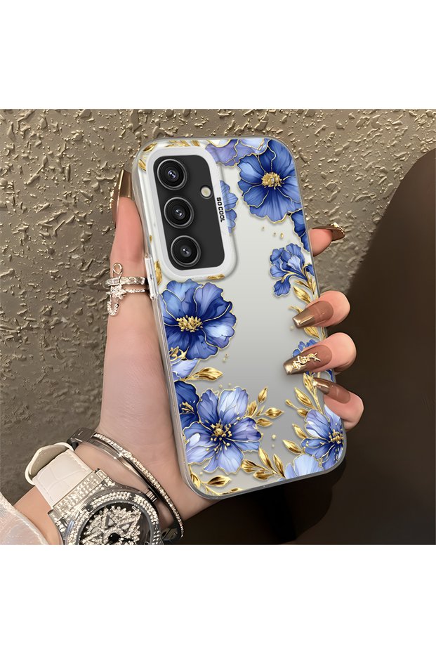 Samsung Galaxy S24 Compatible Elegant Flower Case, Blue Flower Golden Branch Creative Flat Print