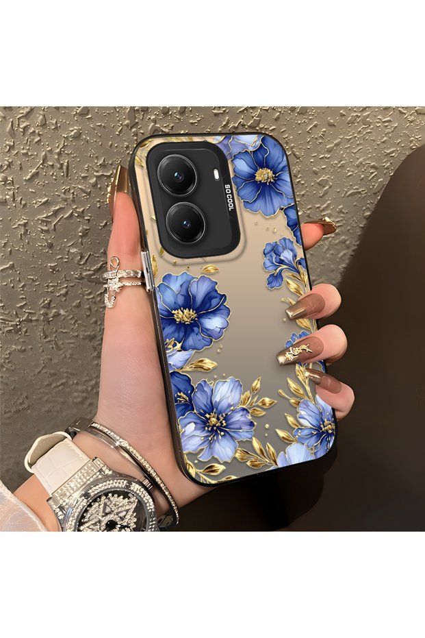 Poco X7 Pro Compatible Elegant Flower Case, Blue Flower Golden Branch Creative Flat Print