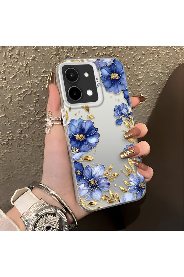 Vivo Y28 4g Compatible Elegant Flower Case, Blue Flower Golden Branch Creative Flat Printing