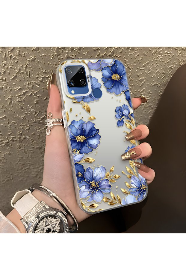 Realme C15/C25/C25S Compatible Elegant Flower Case, Blue Flower Golden Branch Creative Flat Printing