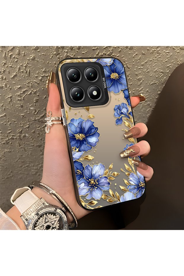 Mi 14t Compatible Elegant Flower Case, Blue Flower Golden Branch Creative Flat Print