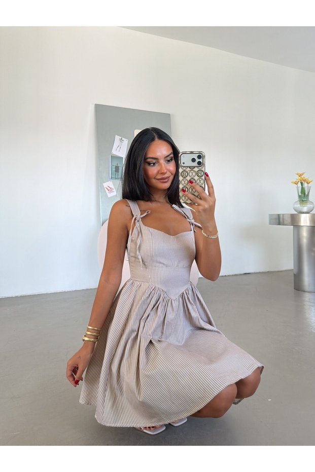Striped Mini Dress - Beige