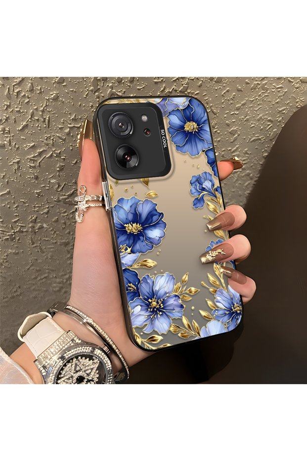 Mi 13T/Mi 13t Pro Compatible Elegant Flower Case, Blue Flower Golden Branch Creative Flat Printing