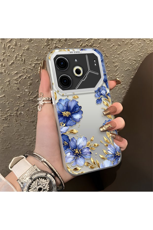 Elegant Floral Case Compatible with Tecno Pova 6/Pova 6 Pro 5g, Blue Flower Golden Branch Creative Flat Print