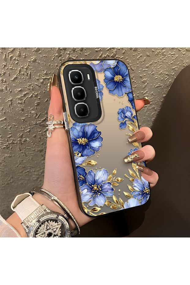 Infinix Hot 60 Pro Compatible Elegant Flower Case, Blue Flower Golden Branch Creative Flat Print