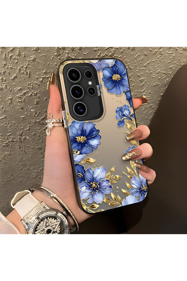 Samsung Galaxy S24 Ultra Compatible Elegant Floral Case, Blue Flower Golden Branch Creative Flat Print