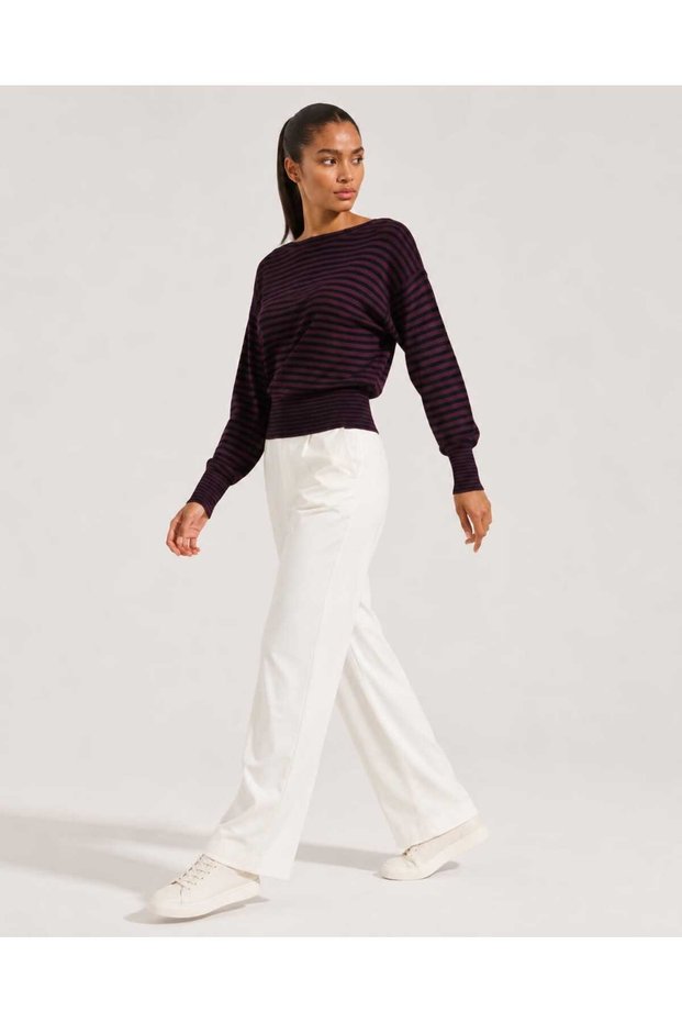 Premium Silky Italian Texture Thick Cuffed Striped Bluzan Cut Soft Knitwear Blouse