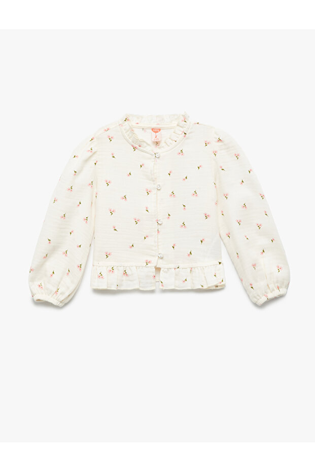 Cotton Crew Neck Ruffled Long Sleeve Floral Blouse