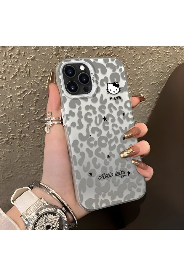 iPhone 15 Pro Compatible Gray Leopard Pattern Phone Case, Star English Art Print